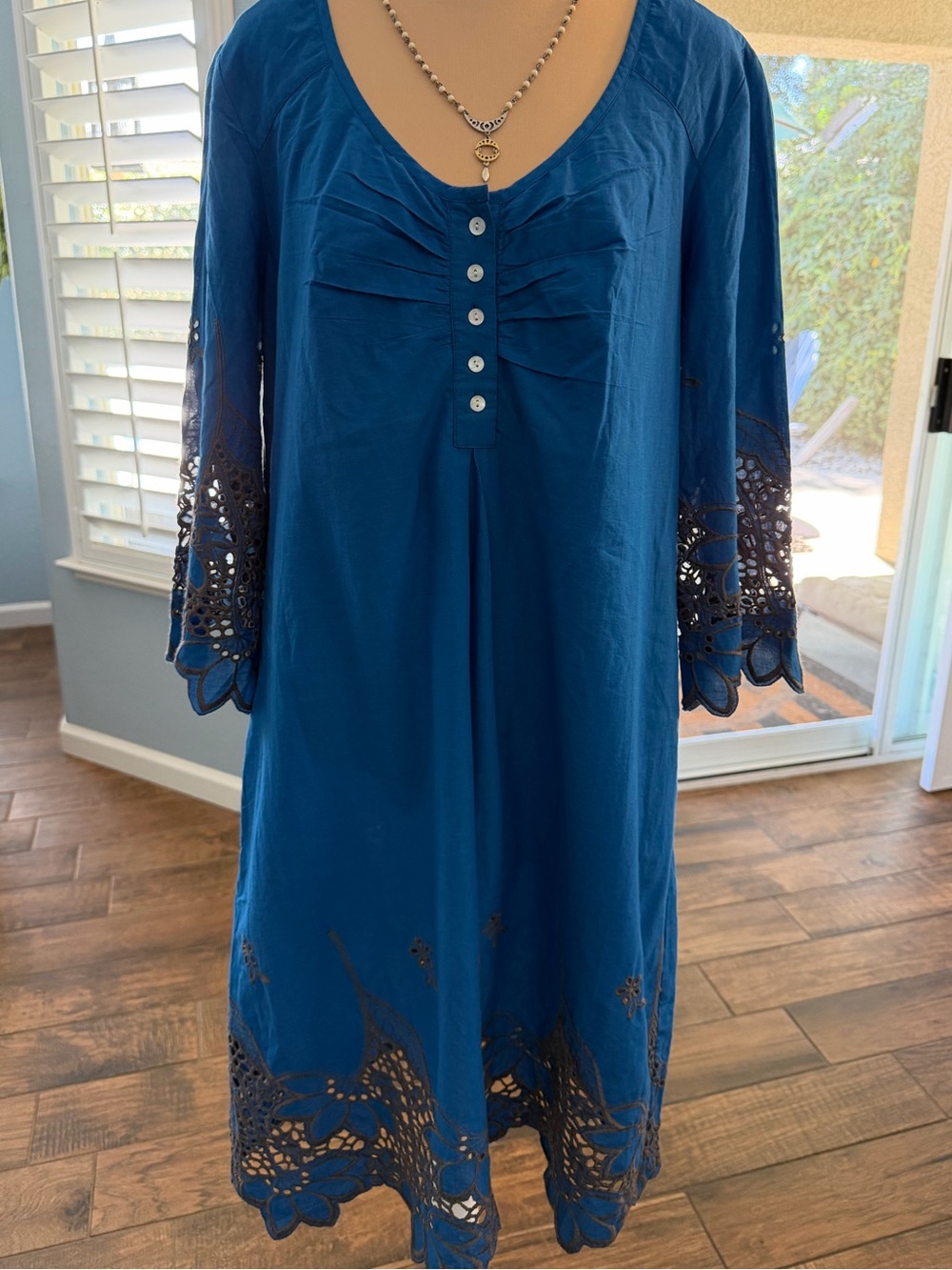 Cobalt Blue Crochet-Trim Midi Dress with Button Front
